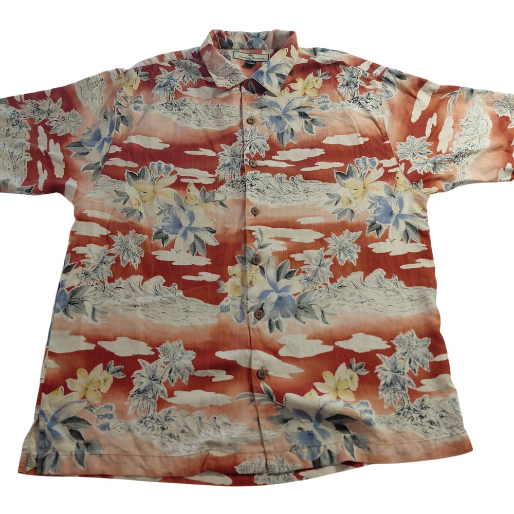 Tommy Bahama Mens 100% Silk Tropical Floral Button Down Shirt Orange Blue Medium